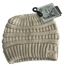 NEW C.C Boutique Exclusives Beanie Tail Knit Winter Hat Kids One Size Beige